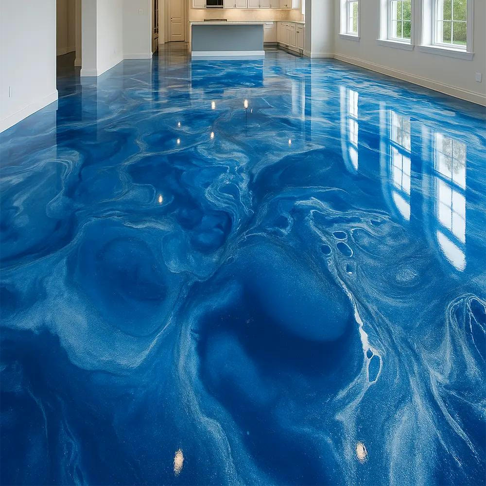 Ocean Blue: Deep blue · flowing white, illustrative metallic epoxy floor finish