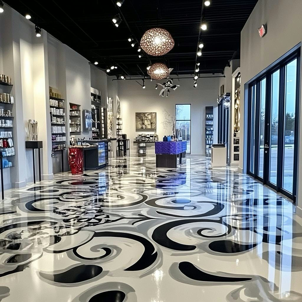 Monochrome Swirl: Graphic black · white, illustrative metallic epoxy floor finish