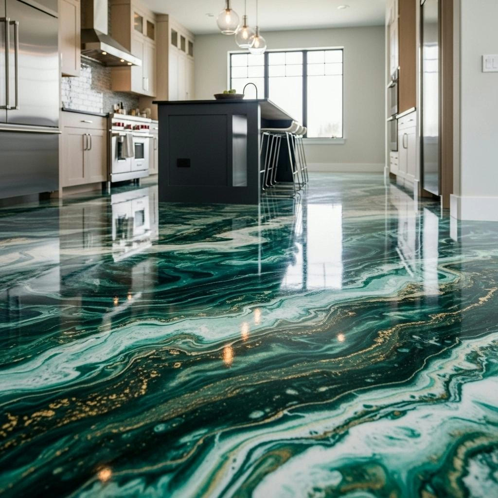 Emerald Tide: Green metallic · gold flecks, illustrative metallic epoxy floor finish