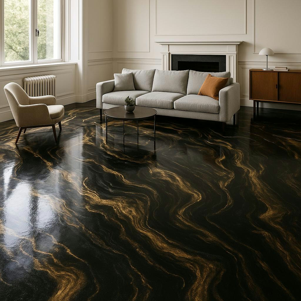 Black & Gold: Dark metallic · gold veining, illustrative metallic epoxy floor finish