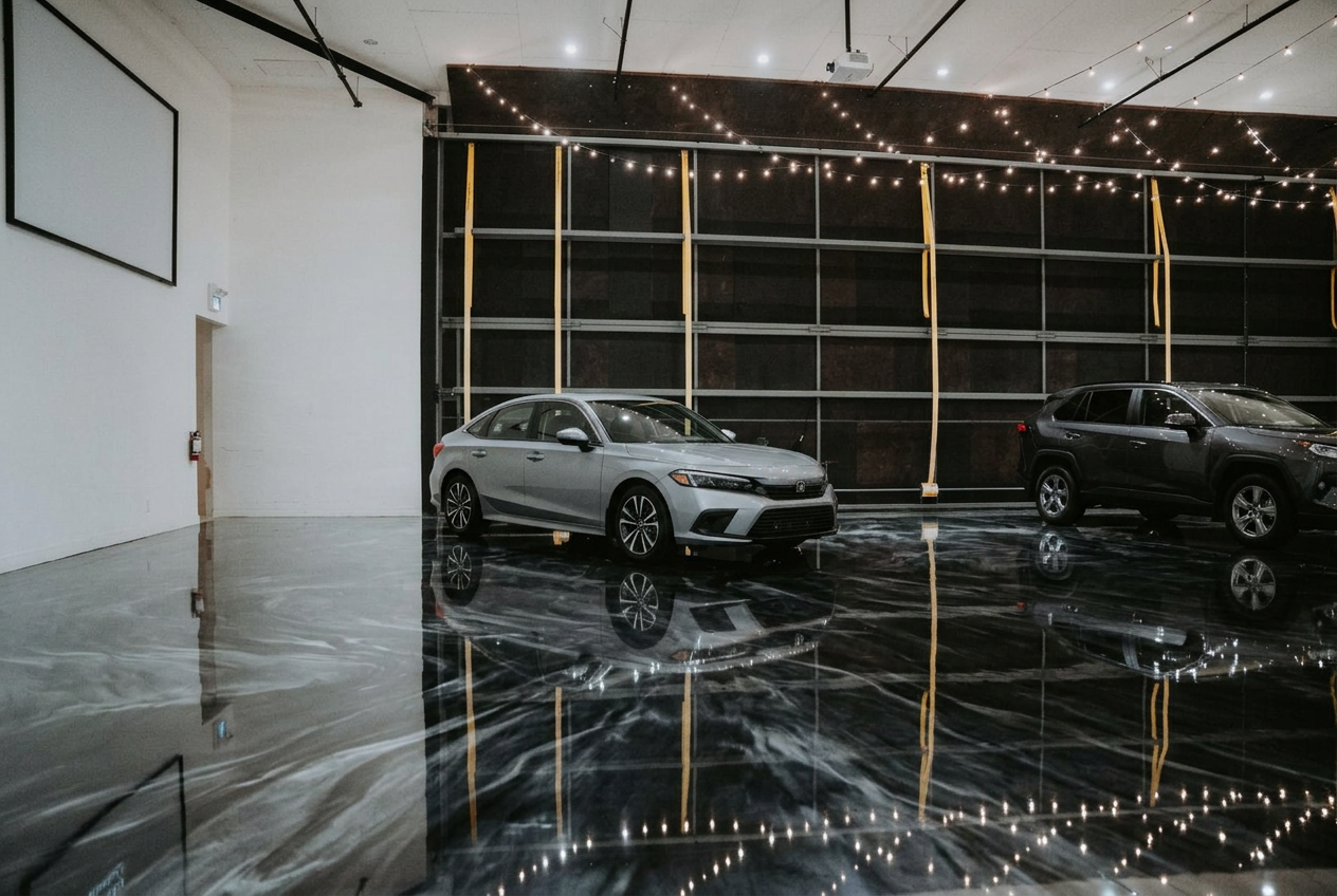 Showroom with glossy black and silver metallic epoxy floor